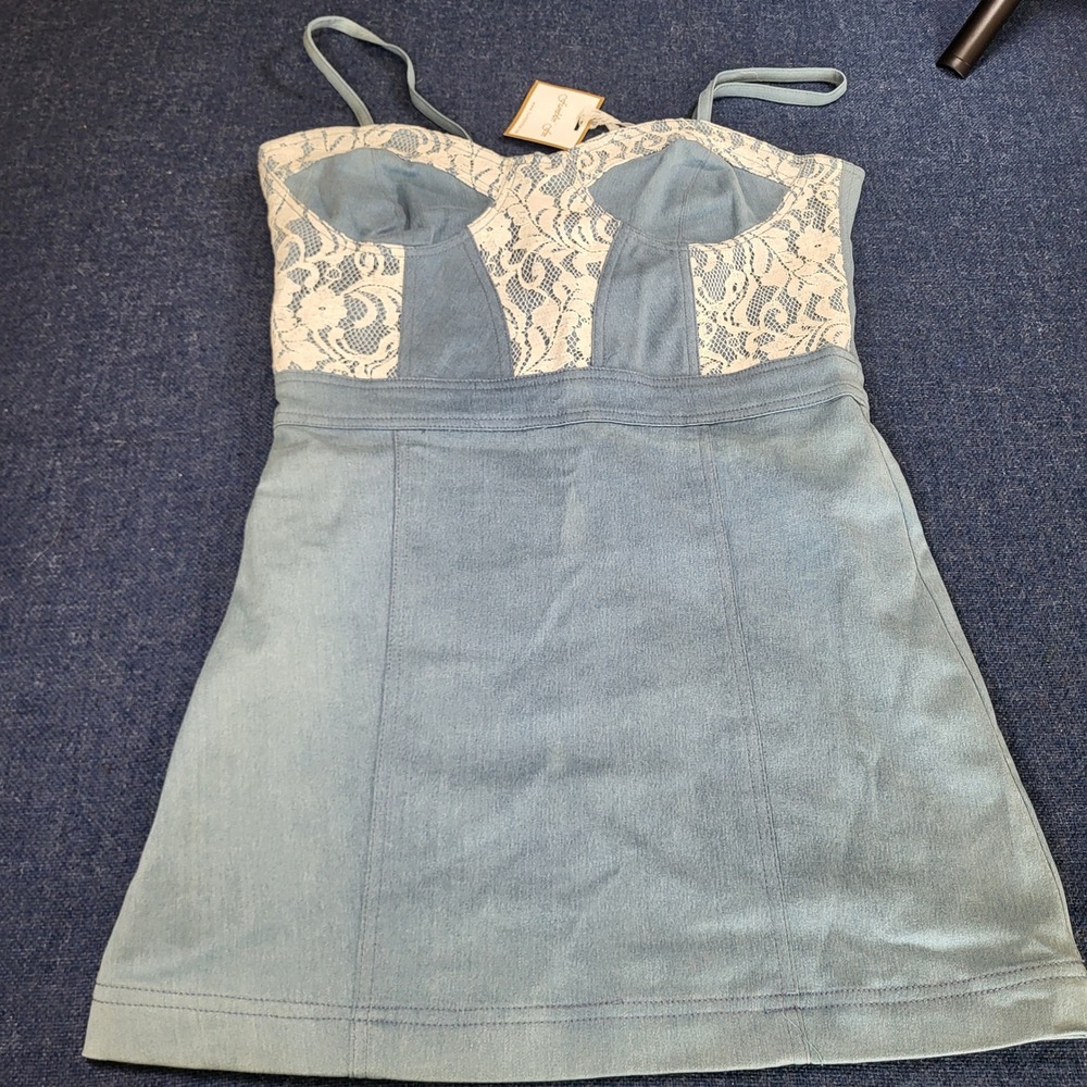Fumblin Foe Light Blue Denim Lace Bustier Mini Dress Sweetheart Medium NWT - Picture 1 of 9